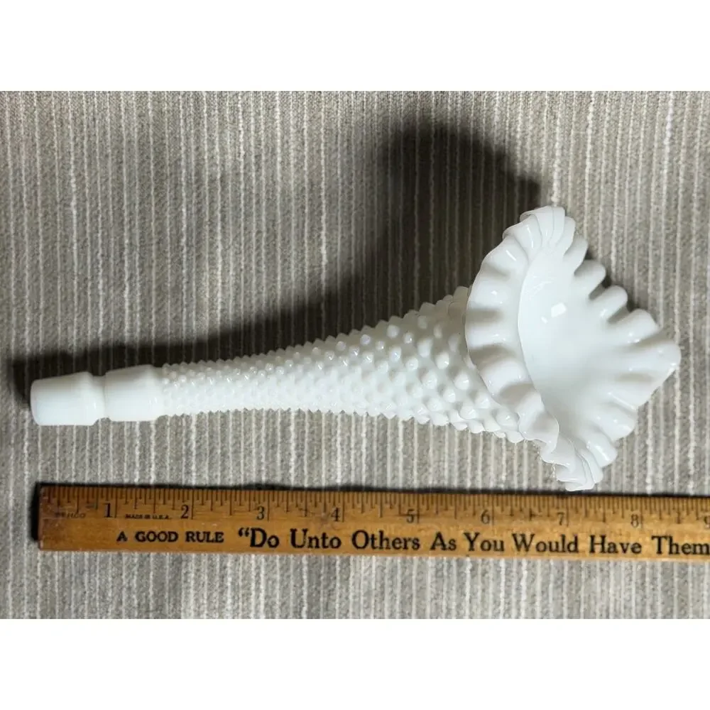 Vtg Fenton Milk Glass Hobnail 3 Horn Epergne Centerpiece Ruffled Trumpet Vase